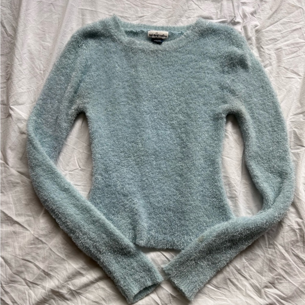 Soft Blue Fuzzy Sweater with lightly metallic thread metallic accents